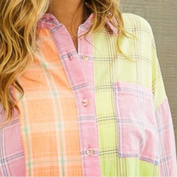 Bleach Washed Check Plaid Color Blocked Beachy Button Front Shirt - Picture 8 of 9